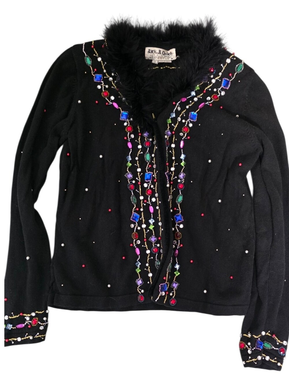 Vtg Jack B Quick Bejeweled Feather Cardigan Sweater Small Whimsigoth